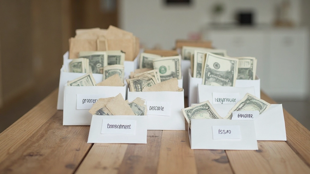 Stack of labeled envelopes and cash used for budgeting envelope method