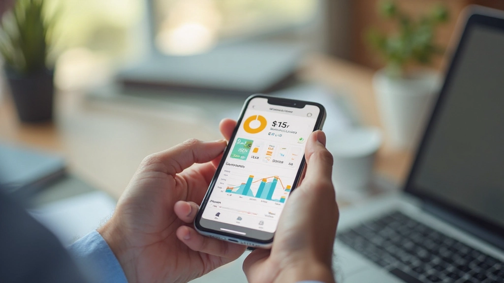 Smartphone screen showing budget app with expense categories and pie chart visualization