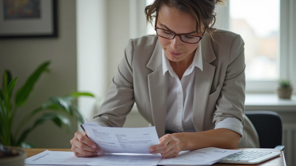 Person at desk looking at financial statements and budget spreadsheet, reviewing financial goals