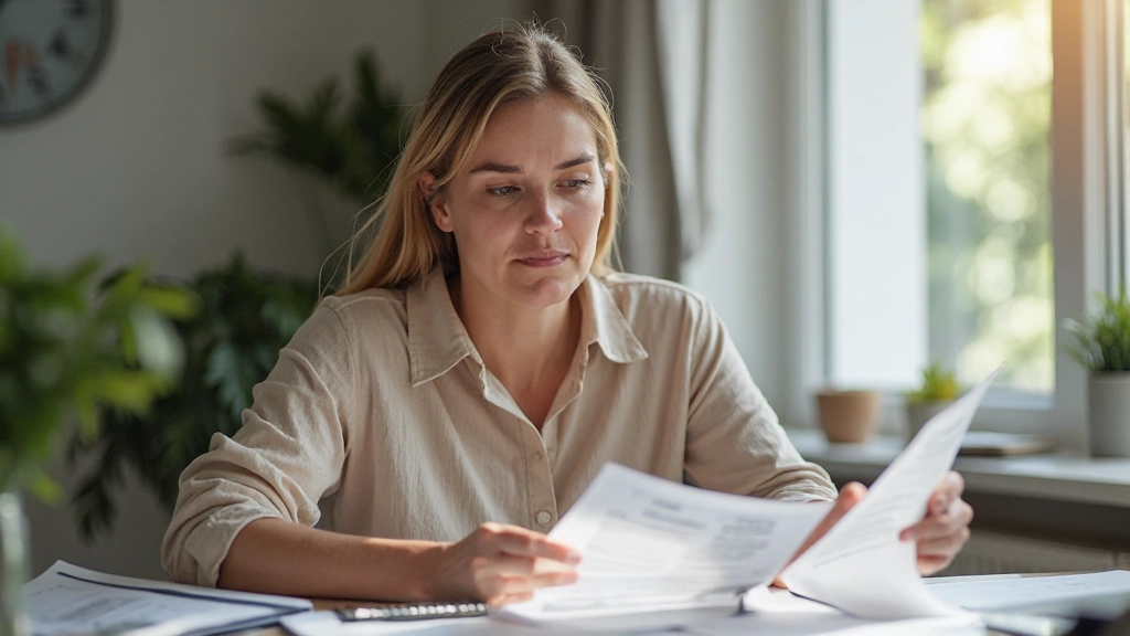 Person looking stressed while reviewing financial documents and bills at home